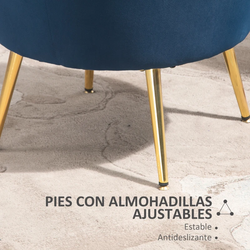 HOMCOM Butaca Tapizada en Terciopelo Butaca de Dormitorio con Respaldo en Forma de Concha y Patas Doradas 76x67x74 cm Azul