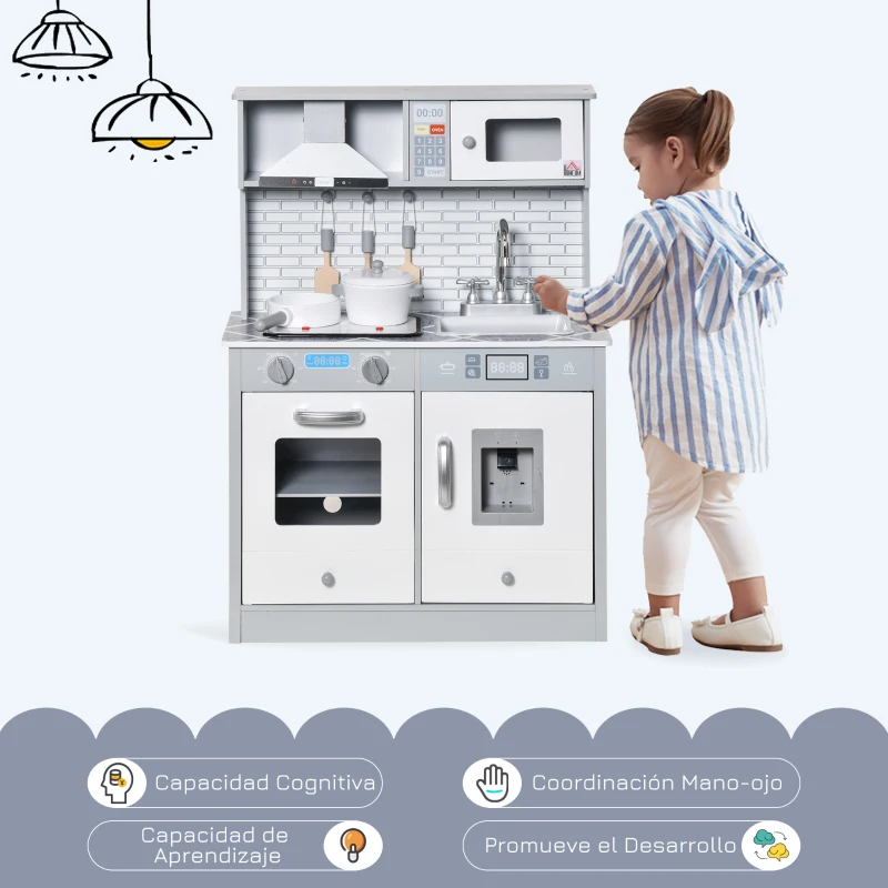 HOMCOM Cocina de Juguete de Madera para Niños de +3 Años Cocinita de Madera Infantil con Luz Sonidos Accesorios Utensilios Estufa Fregadero y Microondas 60x29x84 cm Gris
