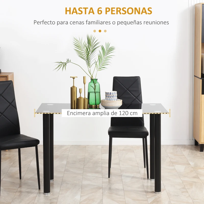 HOMCOM Mesa de Comedor Rectangular Moderna con Encimera de Cristal y Patas de Acero para Salón Oficina 120x60x75cm Negro