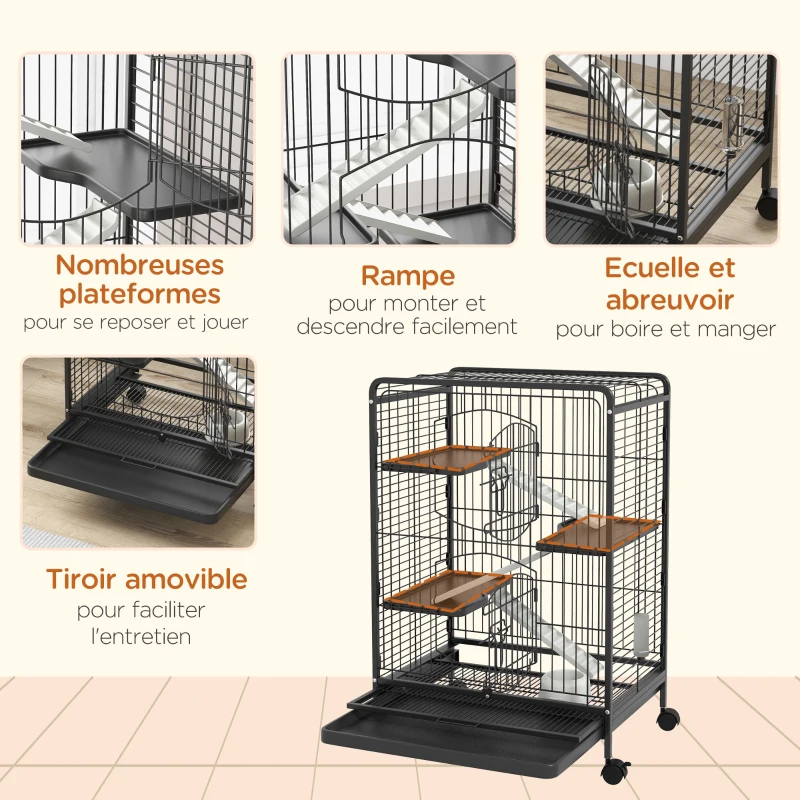 PawHut Cage pour rongeurs cage pour Petits Animaux Roulante 3 Rampes 3 Plates-formes Plat et Bouteille d'Eau Bac Inférieur Amovible pour lapin vison d'animaux chinchilla Acier PP 61,5x44x95cm Noire