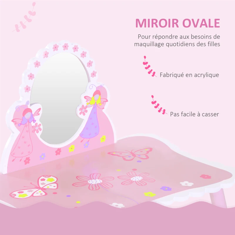 HOMCOM Coiffeuse Enfant - Tabouret Inclus - Table de Maquillage dim. 59L x 39l x 77H cm - Motifs fées, Papillons, Fleurs - Bois de pin, MDF - Rose Blanc