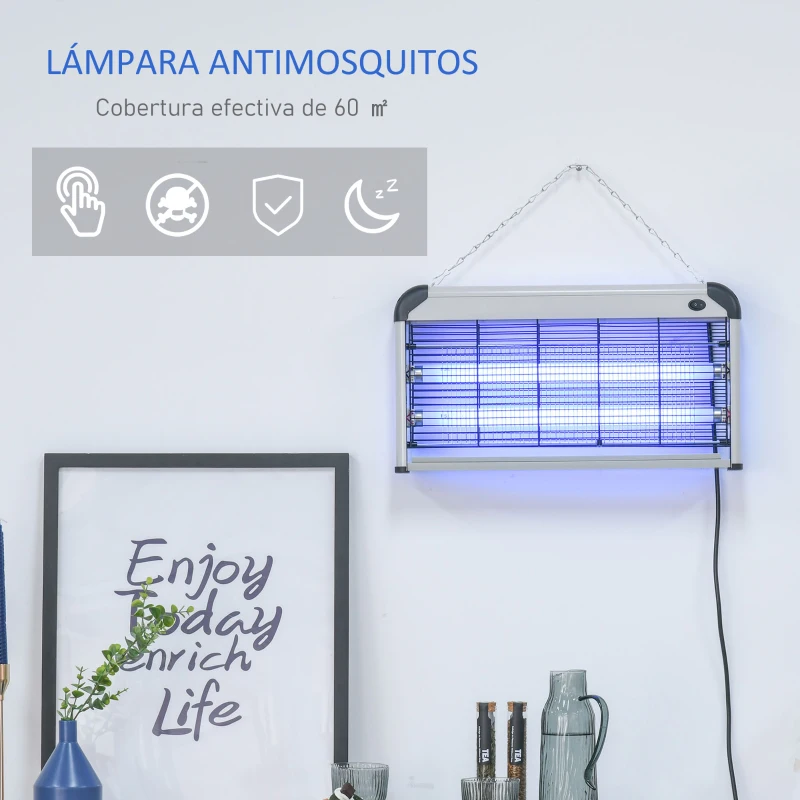 Outsunny Lámpara Antimosquitos Eléctrico 30W Mata Mosquitos Eléctrico con Luz UV Efecto 60 m² 48,5x8,5x26,5 cm Plata