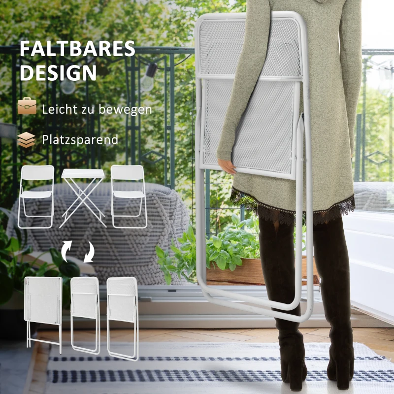Outsunny Garten Bistro-Set für 2 Personen Gartenset Garnitur 1 Tisch+2 faltbare Stühle für Terrasse Balkon Metall Weiß