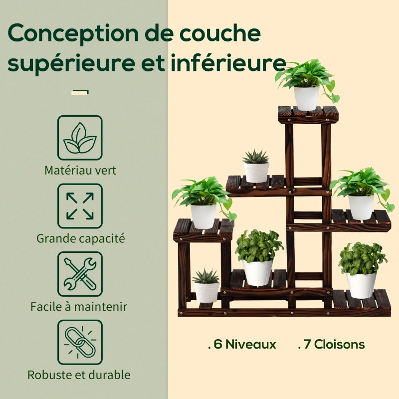 Outsunny Étagère à Fleurs en Bois Supports de Pots Porte Plante 6 tablettes - dim. 100L x 25l x 97H cm - Bois Massif de pin pour Intérieur Jardin Terrasse Balcon