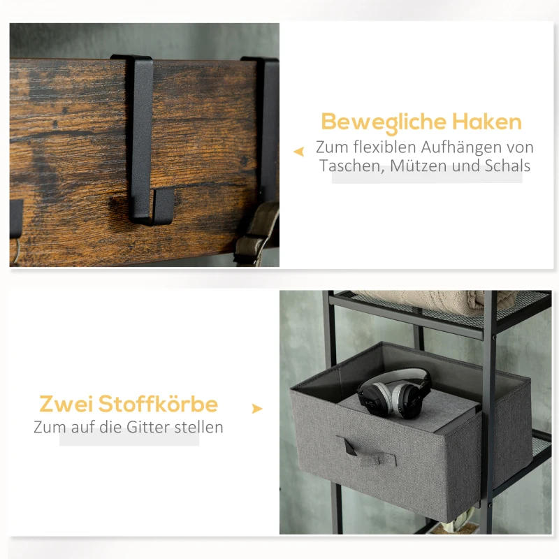 HOMCOM Garderobenständer im Industrie-Design, 8 Regalböden, 5 Kleiderhaken, 1 Schuhbank, 2 Schubladen, Grau + Braun