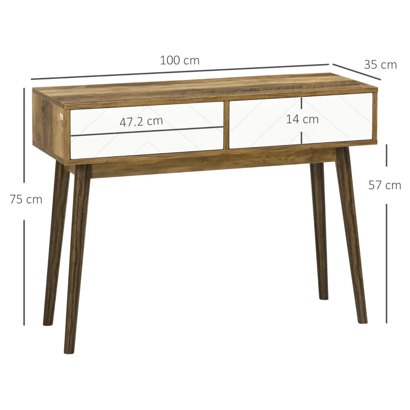 HOMCOM Tavolo Consolle da Ingresso e Soggiorno con 2 Cassetti Bianchi, Piano d'appoggio e Gambe in Legno, 100x35x75cm