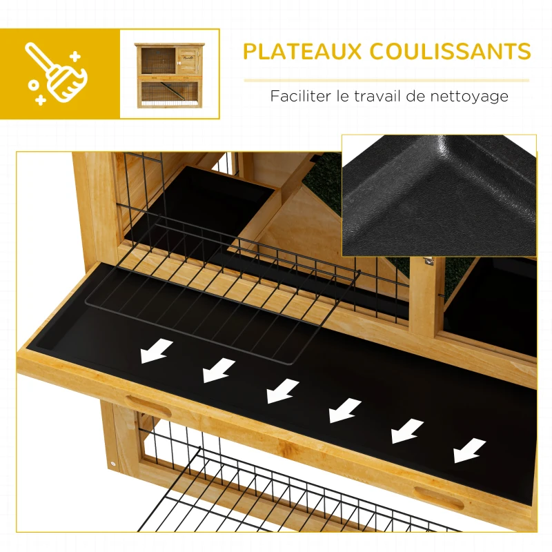 PawHut Clapier à lapin en bois 2 étages avec 3 portes plateau coulissant rampe toit bitumé 85 x 50 x 80 cm jaune