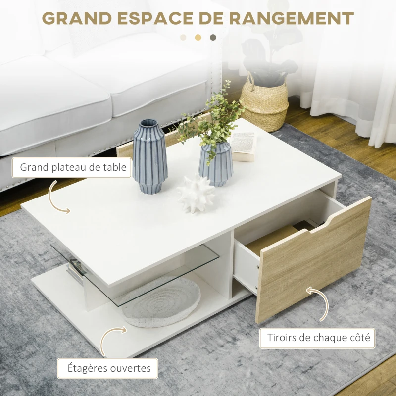 HOMCOM Table basse rectangulaire design contemporain 2 tiroirs 2 niches étagère verre trempé panneaux blanc aspect chêne clair