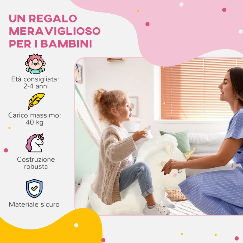 AIYAPLAY Cavallo a Dondolo per Bambini 2-4 Anni a Unicorno con Suoni e Rivestimento Morbido, Bianco