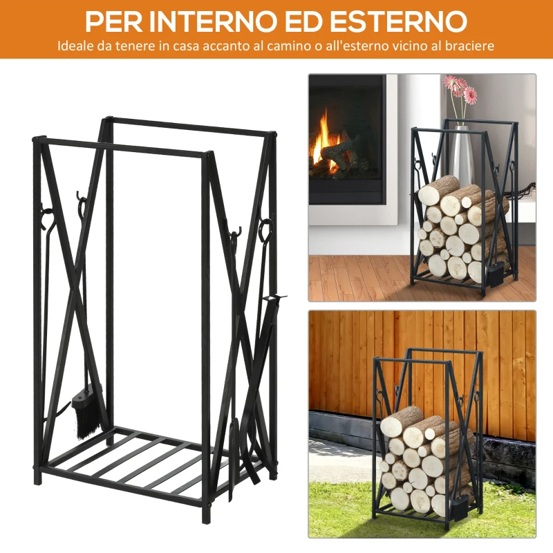 HOMCOM Portalegna da Interno ed Esterno in Acciaio con 4 Attrezzi Inclusi, Capacità 100kg 46x30x76cm Nero