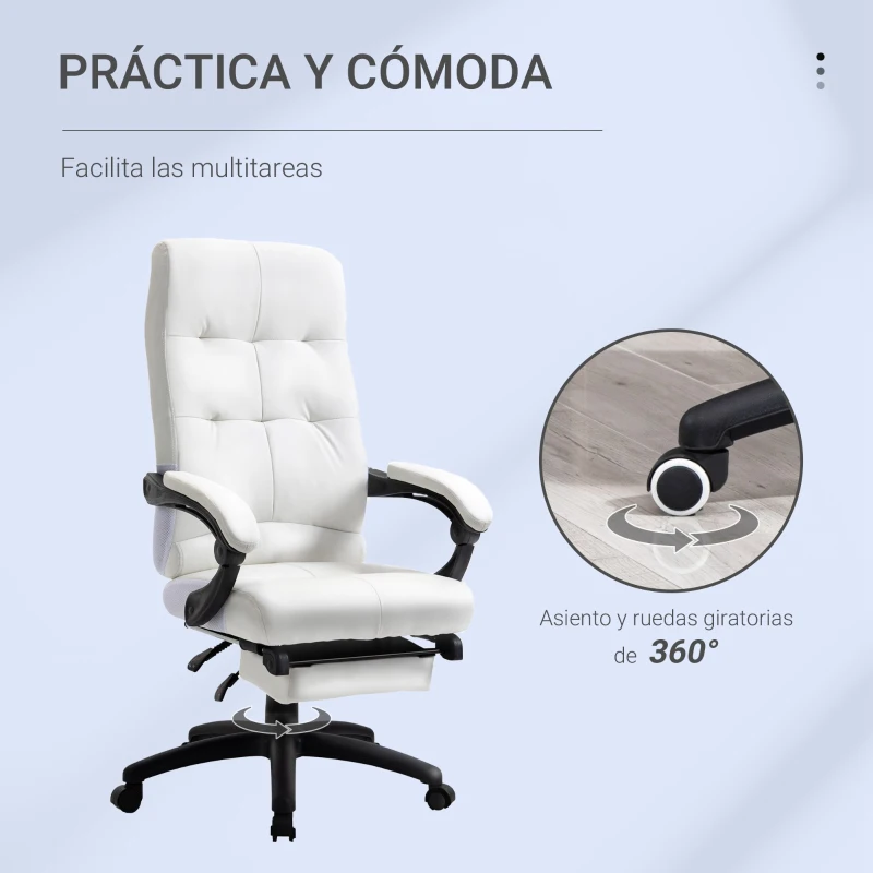 Vinsetto Silla de Oficina Giratoria Silla de Escritorio Reclinable Silla de Estudio Tapizada de PU con Altura Ajustable Reposabrazos Reposapiés 65x65x118-125 cm Blanco