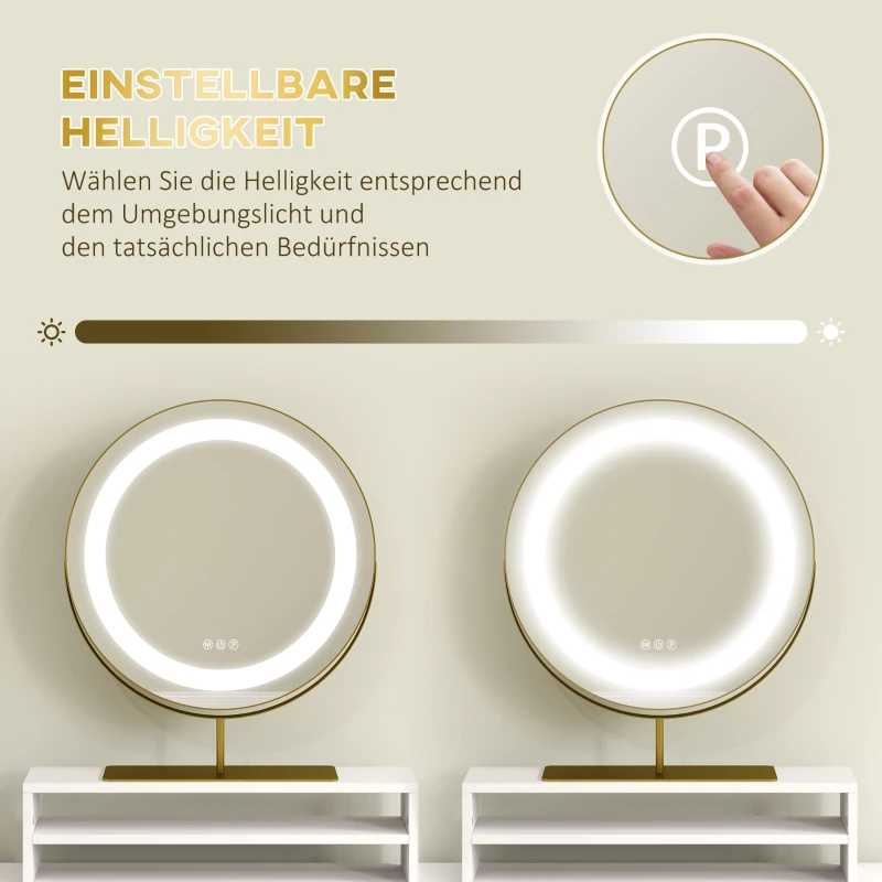HOMCOM Kosmetiktisch mit 360° Spiegel, LED-Beleuchtung, 2 Schubladen, Weiß/Gold
