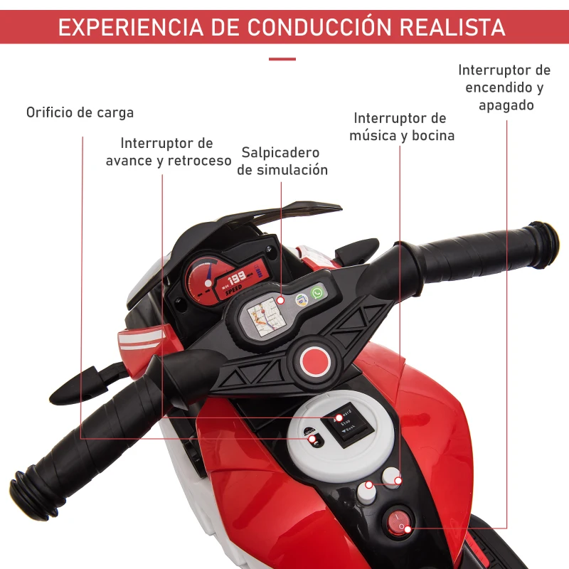 HOMCOM Moto Eléctrica Infantil con 3 Ruedas Trimoto para Niños de +3 Años con Batería 6V Recargable Funciones de Música Bocina Faros 86x42x52 cm Negro y Rojo