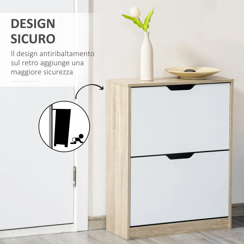 HOMCOM Scarpiera Salvaspazio Slim a 2 Cassetti per 8 Paia di Scarpe 62.5x26x81 cm, Legno e Bianco