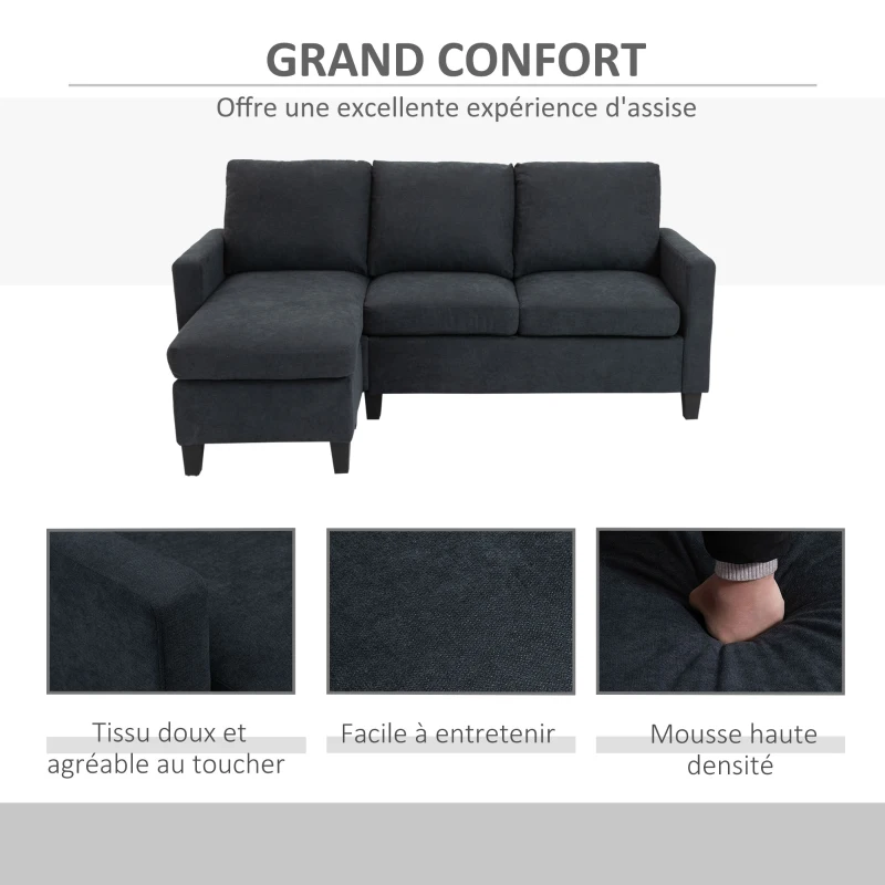 HOMCOM Canapé d'angle canapé 3 places avec méridienne réversible gauche ou droite pour salon, bureau, appartement, tissu polyester 197L x 139l x 91H cm gris foncé