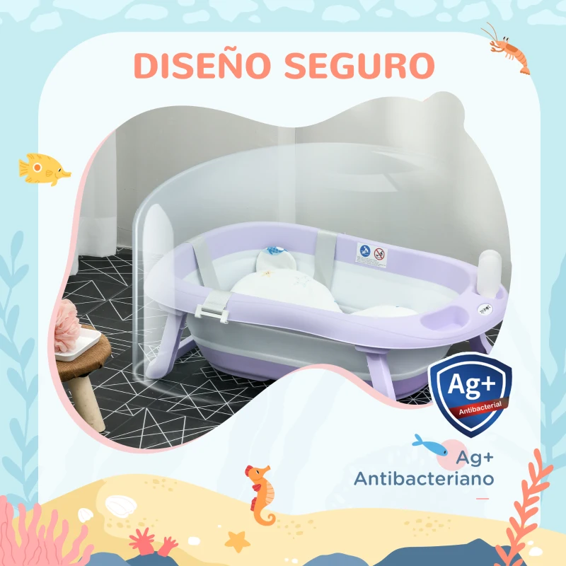 ZONEKIZ Bañera Bebé Plegable con Cojín Almohadillas Antideslizantes Orificio de Drenaje y Agujero de Ducha 83x48x23,5cm Púrpura