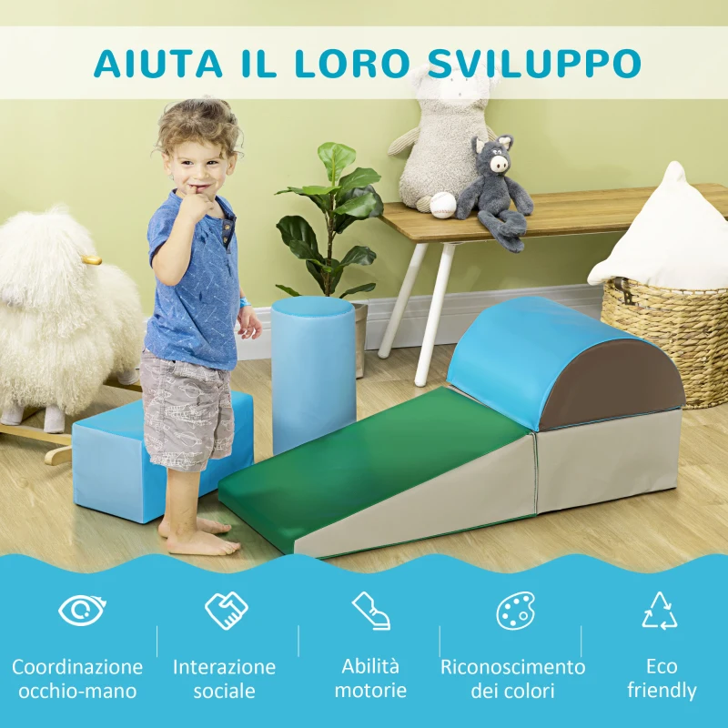 HOMCOM Set Costruzioni Morbide per Bimbi 1-3 Anni con 5 Blocchi Colorati, Set da Gioco Blocchi Morbidi per bambini in Finta Pelle e Schiuma, Marrone, Cachi, Blu, Verde e Celeste