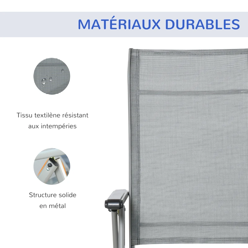 Outsunny Chaise longue pliable transat bain de soleil fauteuil relax jardin avec dossier & repose-pied réglable multi-positions, métal époxy textilène, gris