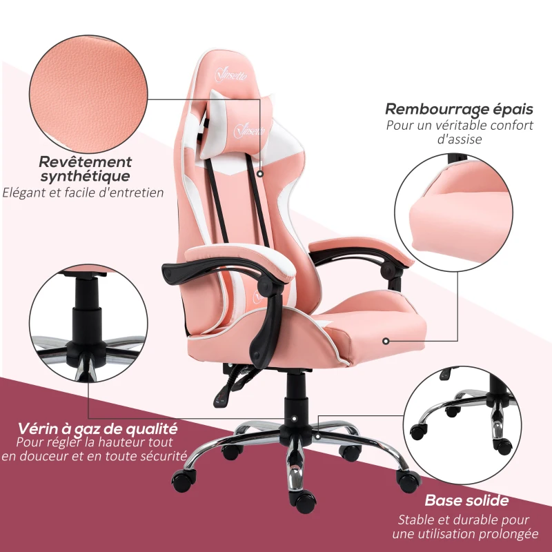 Vinsetto Chaise gaming fauteuil de bureau chaise gamer avec appui-tête ergonomique hauteur réglable dossier inclinable jusqu'à 135° 63 x 67 x 119-127 cm rose