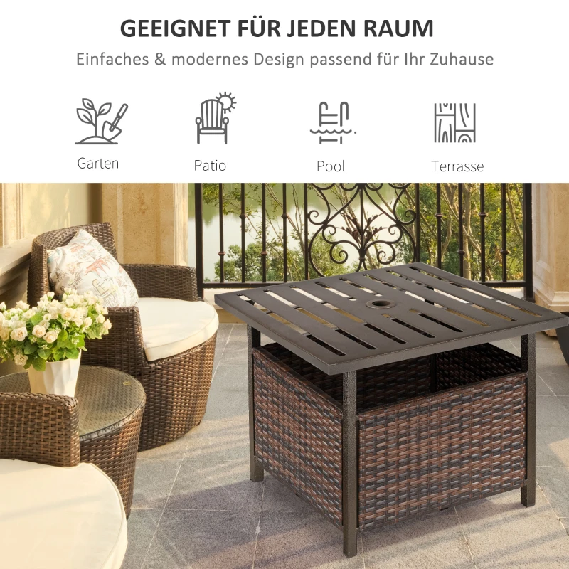 Outsunny Rattantisch Gartentisch Terrassentisch Kaffeetisch mit Schirmloch Perfekt für Garten Balkon Terrasse 55,5 x 55,5 x 46 cm Braun