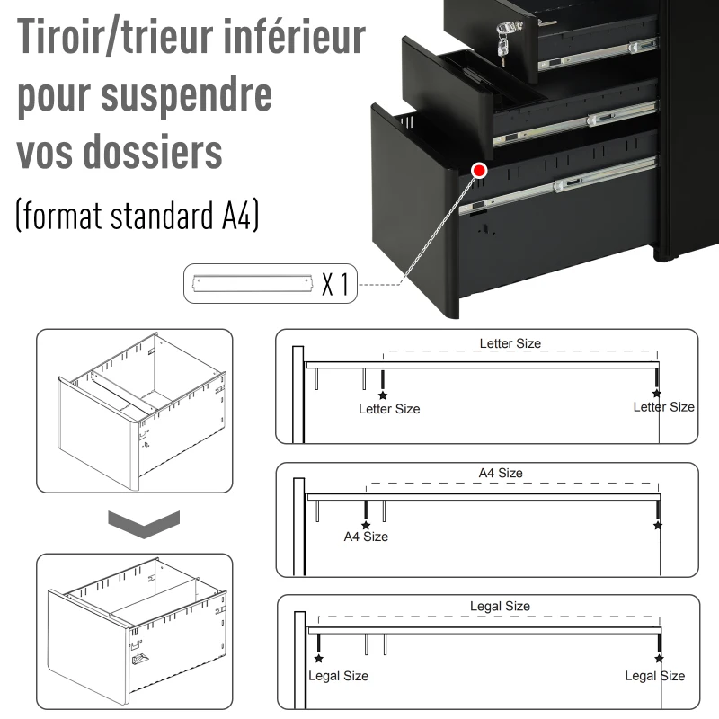 Vinsetto Caisson de bureau rangement bureau sur roulettes 3 tiroirs coulissants verrouillables trieur à dossiers dim. 39L x 48I x 59H cm acier noir