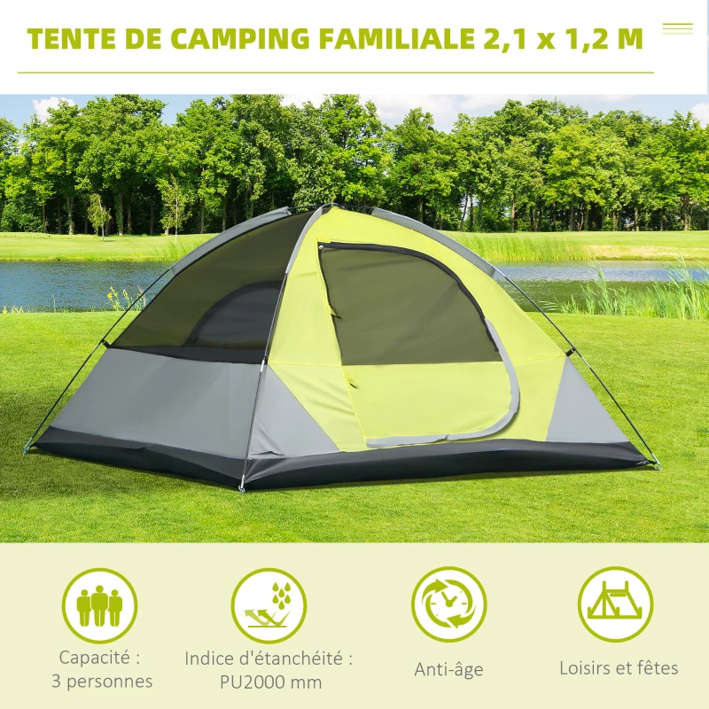 Outsunny Tente de camping 3 personnes tente dôme étanche légère ventilée portes zippées poche de rangement sac de transport inclus fibre verre polyester tissu Oxford 210L x 210l x 119H cm vert et gris