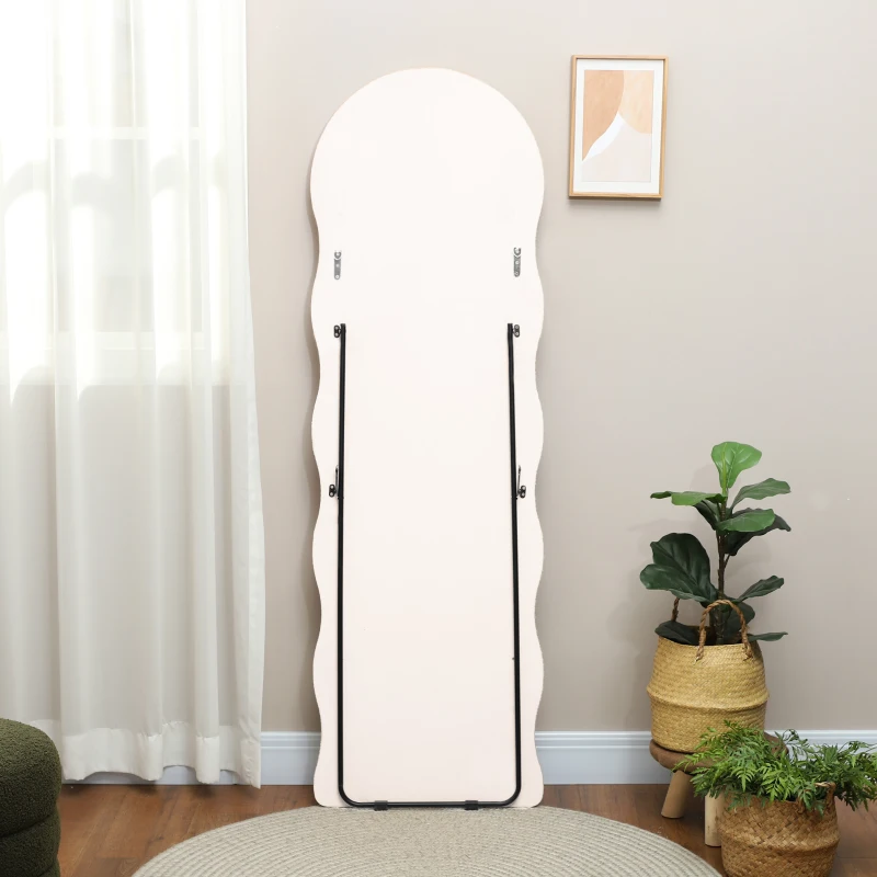 HOMCOM Espejo de Cuerpo Entero 160x50 cm Diseño Ondulado Marco con Tela de Terciopelo para Salón Dormitorio Crema