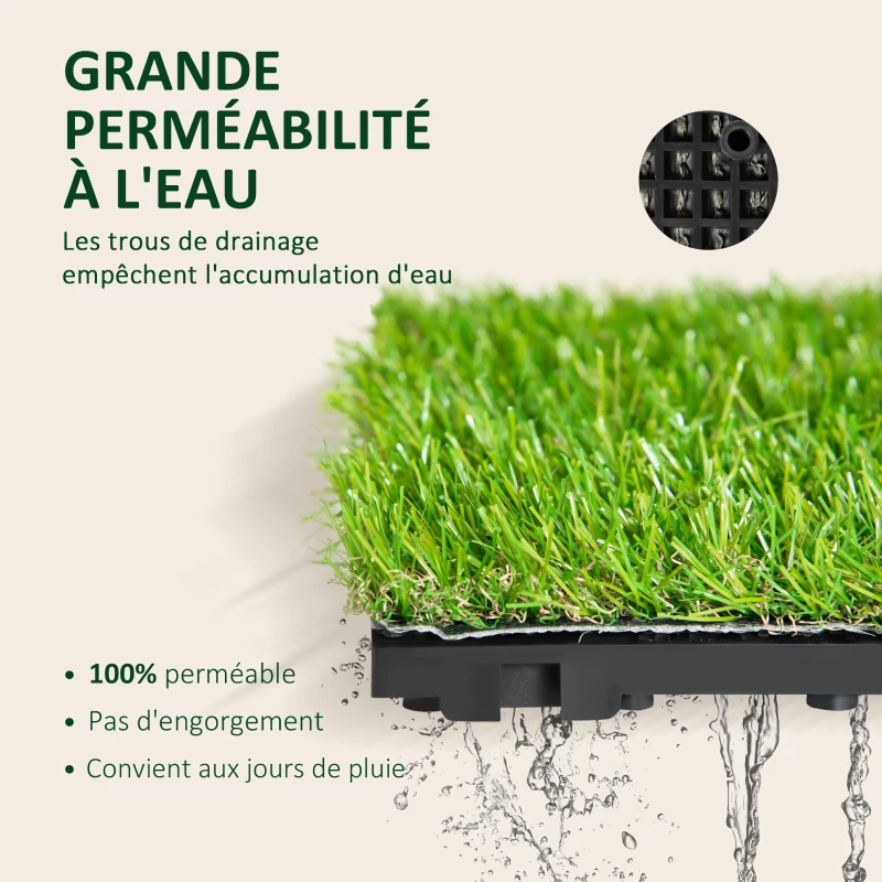 Outsunny Gazon synthétique Artificiel Set de 20 Dalles Carreaux 30 x 30 cm épaisseur Confort 3,5 cm à emboîter Vert