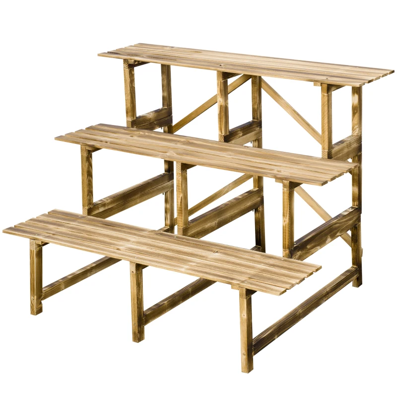 Outsunny 3 Tier Outdoor Plant Stand, Wood Ladder Shelf, Flower Pot Display Rack for Garden Backyard