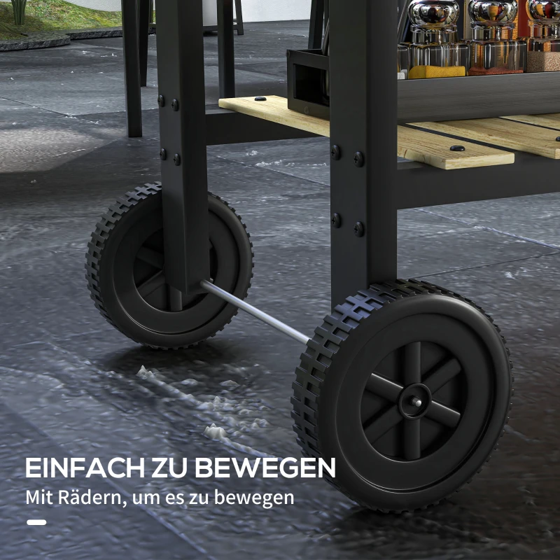 Outsunny Kohlegrill, Grillwagen, 2 Grillflächen, 2 Räder, Griffe, Ablagen, 113 x 53,5 x 82,5 cm, Schwarz
