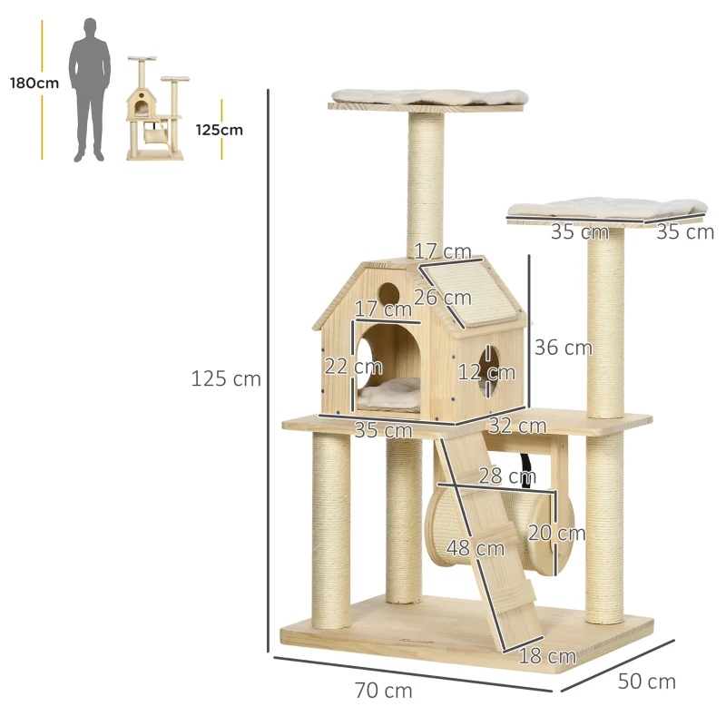 PawHut Árbol Rascador para Gatos Torre para Gatos con Camas Cueva Rodillo Postes de Sisal y Rampa 70x50x125 cm Natural