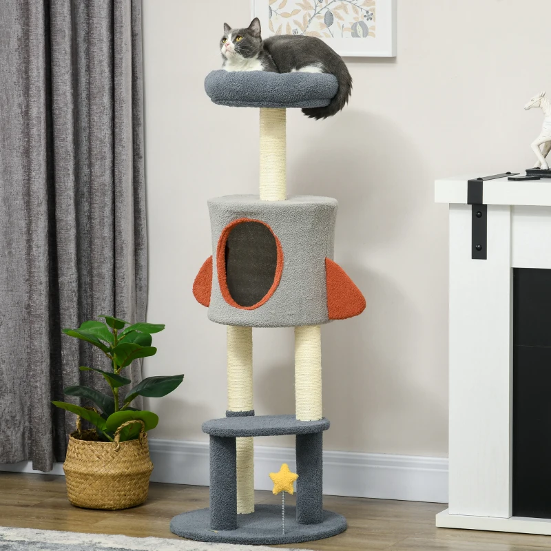PawHut Árbol Rascador para Gatos 116 cm Tipo de Cohete Torre para Gatos con Postes Cama Cueva Juguete Estrella Ø44x116 cm Azul