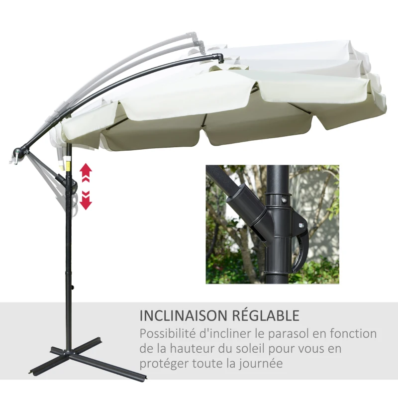 Outsunny Parasol déporté octogonal inclinable manivelle avec pied en croix Ø 2,65 x 2,45H m beige