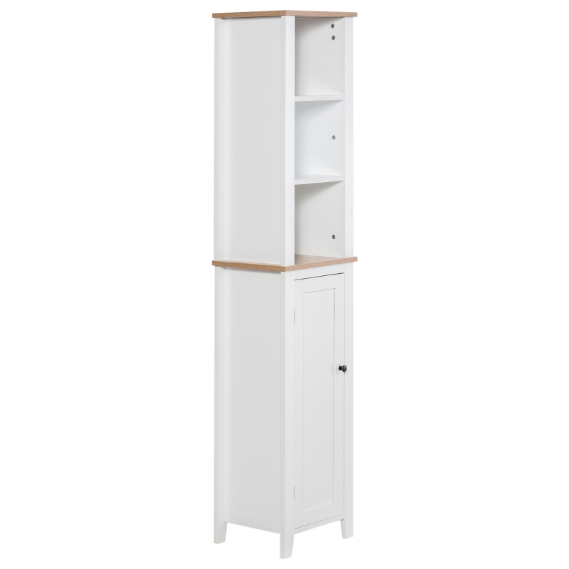 Kleankin Armario Alto para Baño Mueble Columna de Baño con 3 Estantes Abiertos y Armario de Puerta Balda Ajustable Interior Carga Máx. 40kg 35x30x170 cm Blanco
