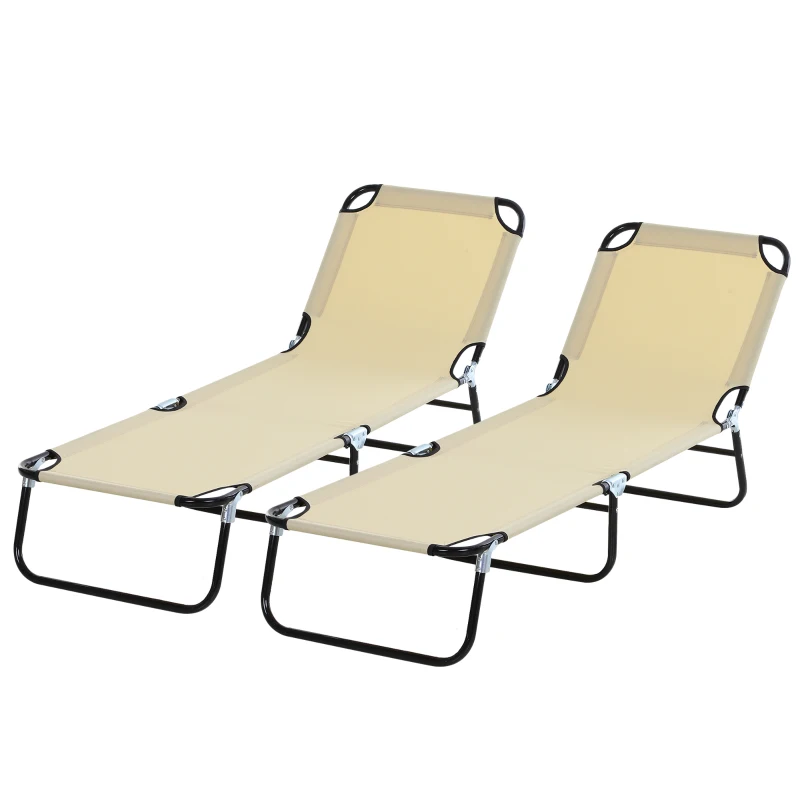 Outsunny 2 Piece Foldable Sun Loungers with 5-Position Adjustable Backrest, Outdoor Portable Recliner Chaise Lounge Chairs with Breathable Mesh Fabric, Beige