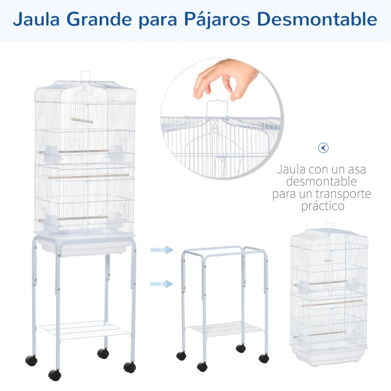 PawHut Jaula para Pájaros con Soporte Jaula Metálica con Ruedas Bandeja Extraíble y Estante 46,5x36x157 cm Blanco