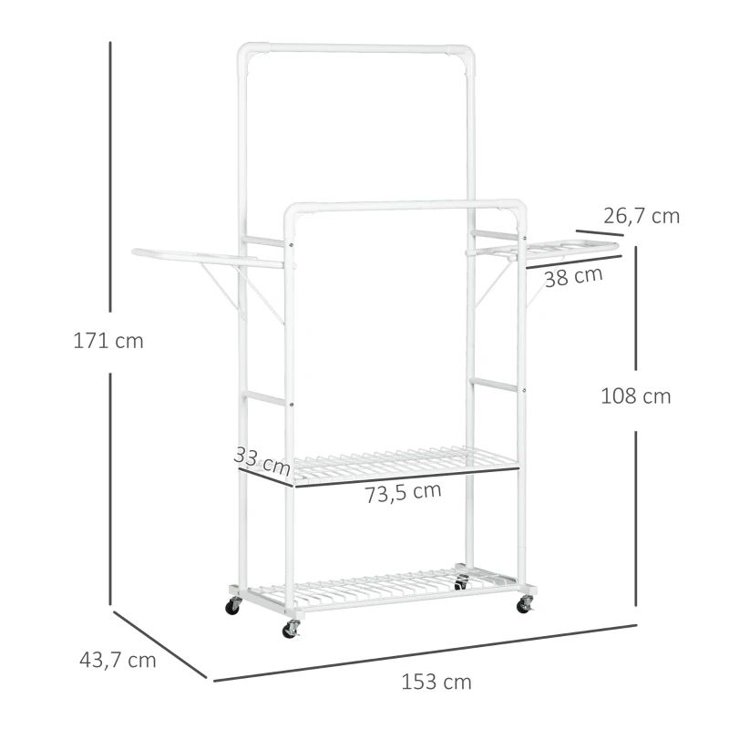 HOMCOM Perchero de Ropa con Ruedas Tendedero Vertical con 2 Alas Plegables 2 Rieles Colgantes 2 Estantes 153x43,7x171cm Blanco