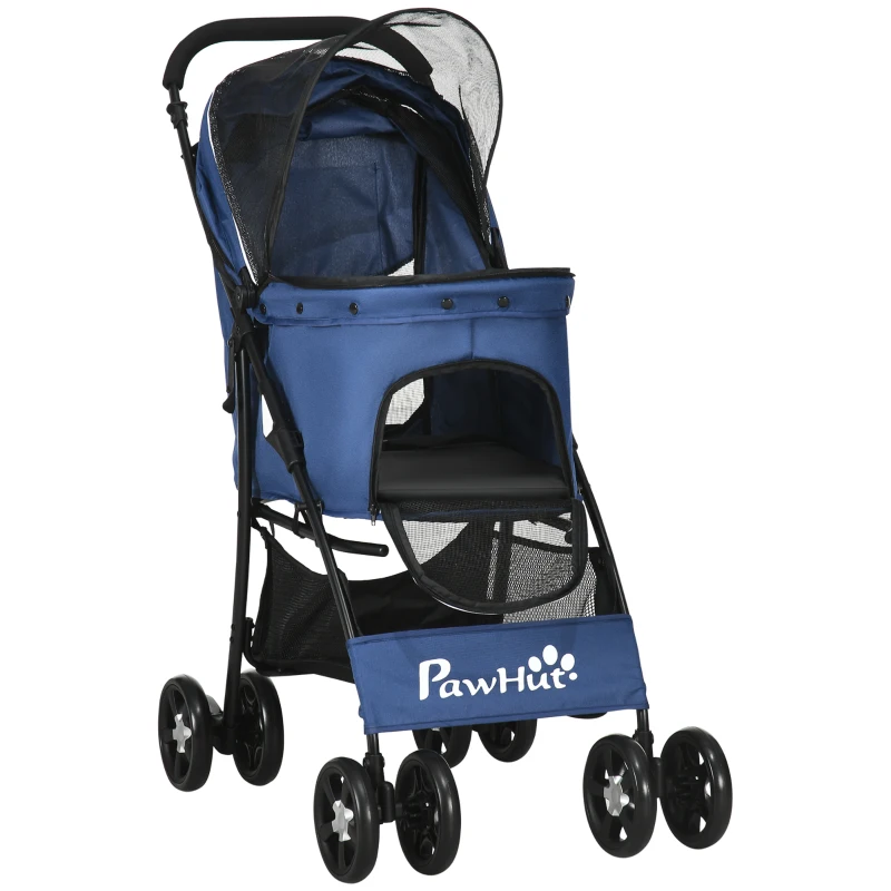 PawHut Foldable Pet Stroller for Dogs, Puppy Stroller, with Large Carriage, Brakes, Canopy - Blue
