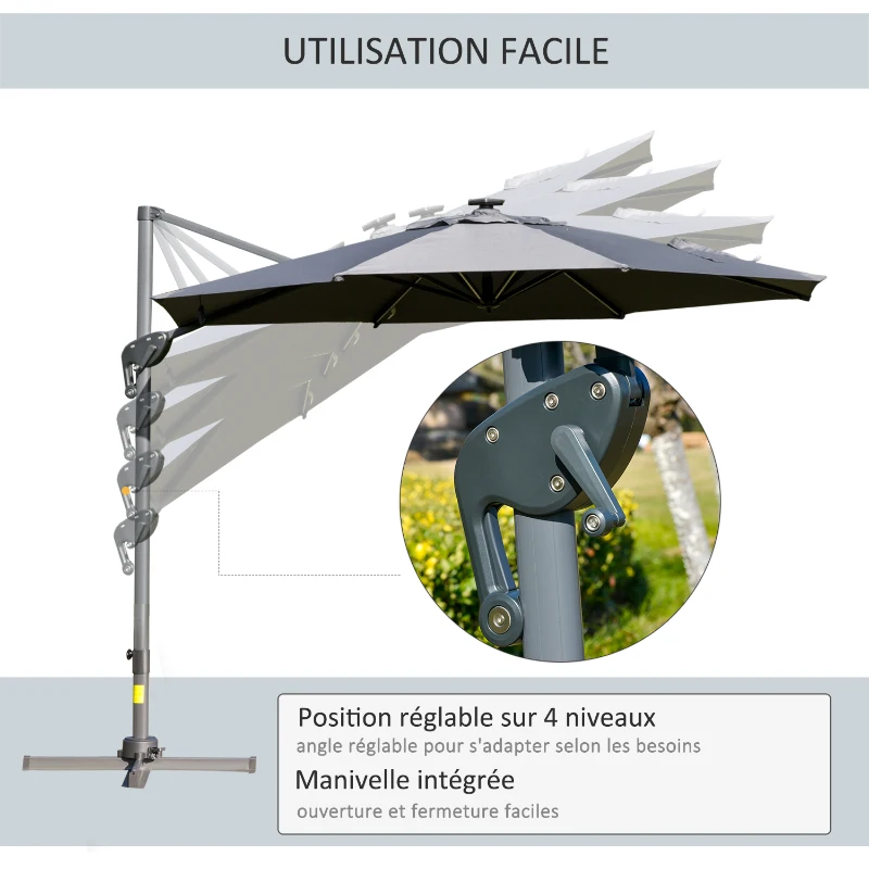 Outsunny Parasol déporté octogonal parasol LED solaire inclinable pivotant manivelle piètement aluminium dim. Ø 3 x 2,55H m gris