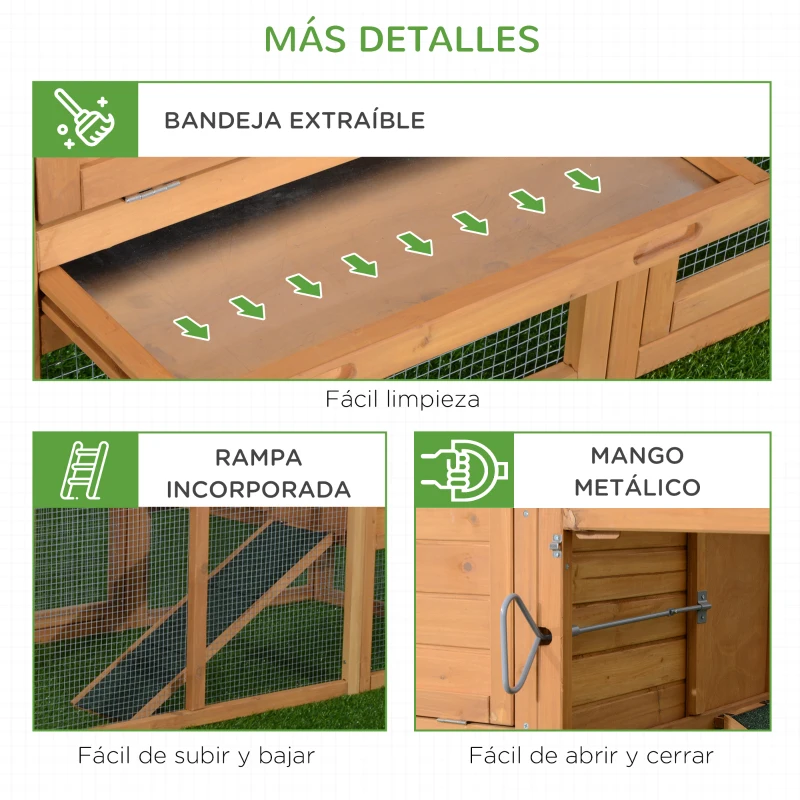 PawHut Gallinero de Madera para Exterior Jaula para Gallinas Grande con Zona Abierta Ponedero Bandeja Extraíble Techo Asfáltico Abatible y Rampa 190x81x103 cm Natural
