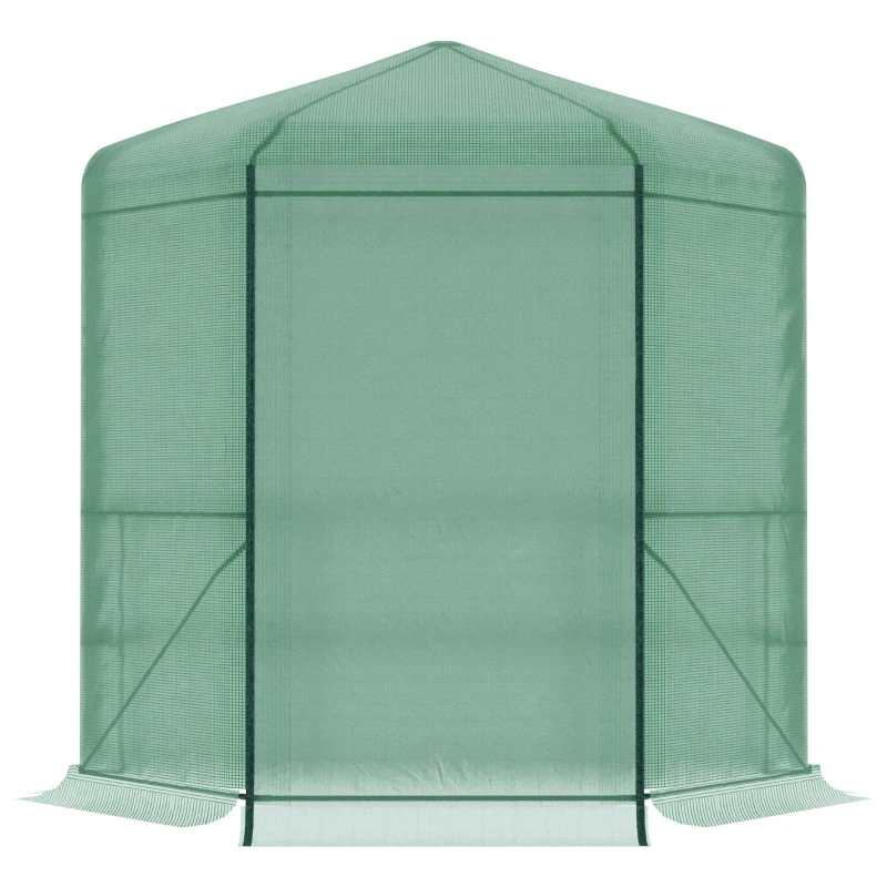 Outsunny Serre de Jardin hexagonale avec 6 étagères 2 niveaux - dim. 2,25L x 1,94l x 2,15H m Porte Enroulable zippée Acier thermolaqué PE Haute densité Vert