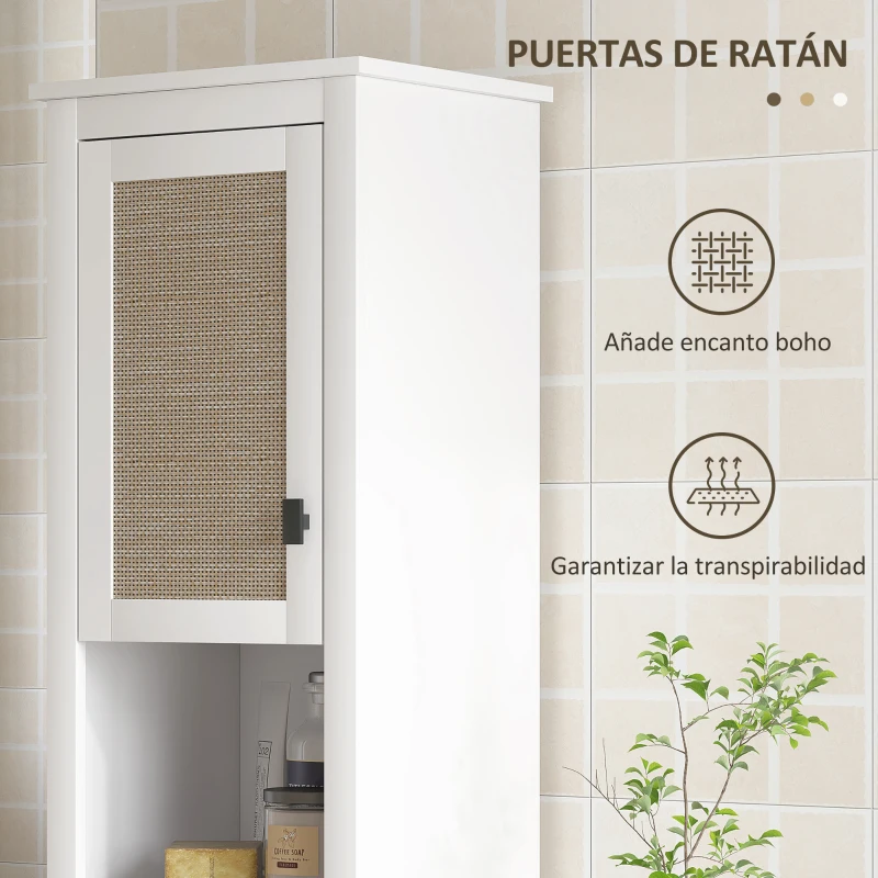 HOMCOM Columna de Baño con Estantes Ajustables 2 Puertas con Frontal de Ratán y 2 Compartimentos 40x30x167,5 cm Blanco