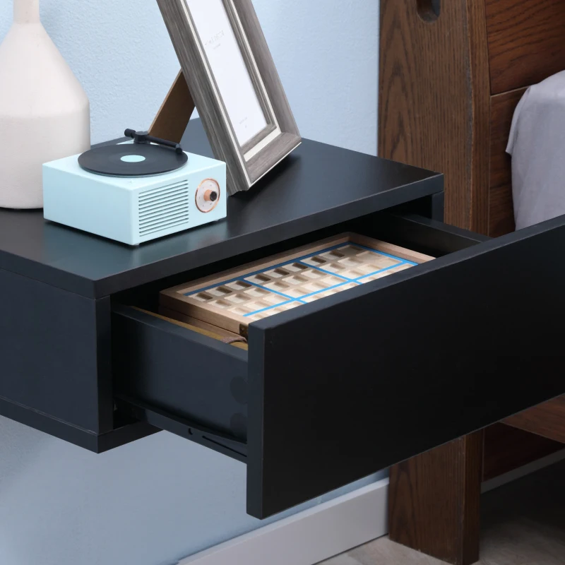 HOMCOM Set de 2 Mesitas de Noche Flotantes con 1 Cajón Diseño Montado en la Pared Estilo Moderno 40x30x15 cm Negro