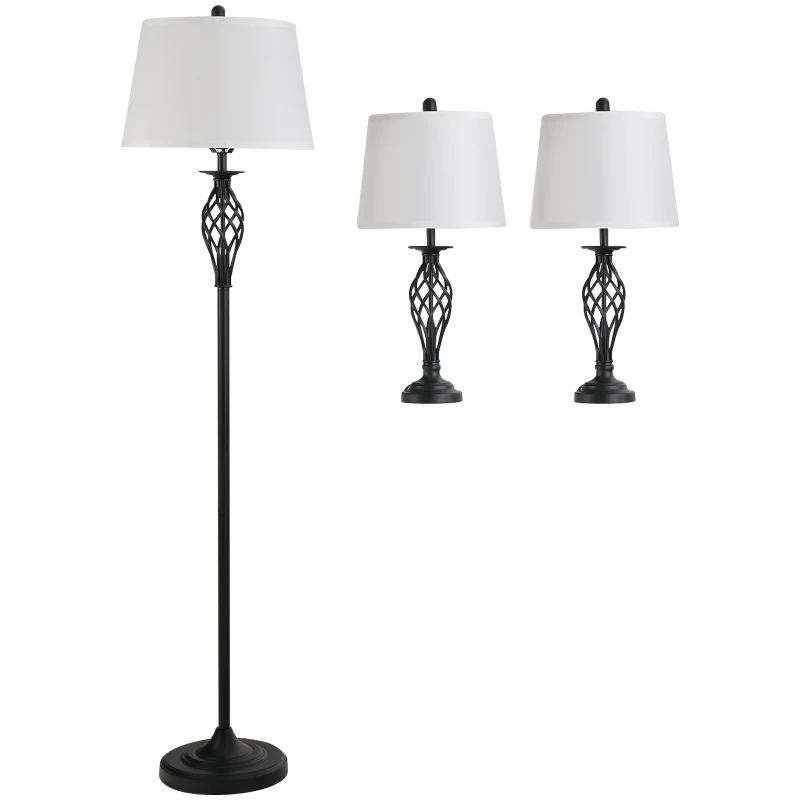 HOMCOM Lot de 3 luminaires design contemporain - lampadaire sur pied + 2 lampes de tables - métal noir polyester coton blanc