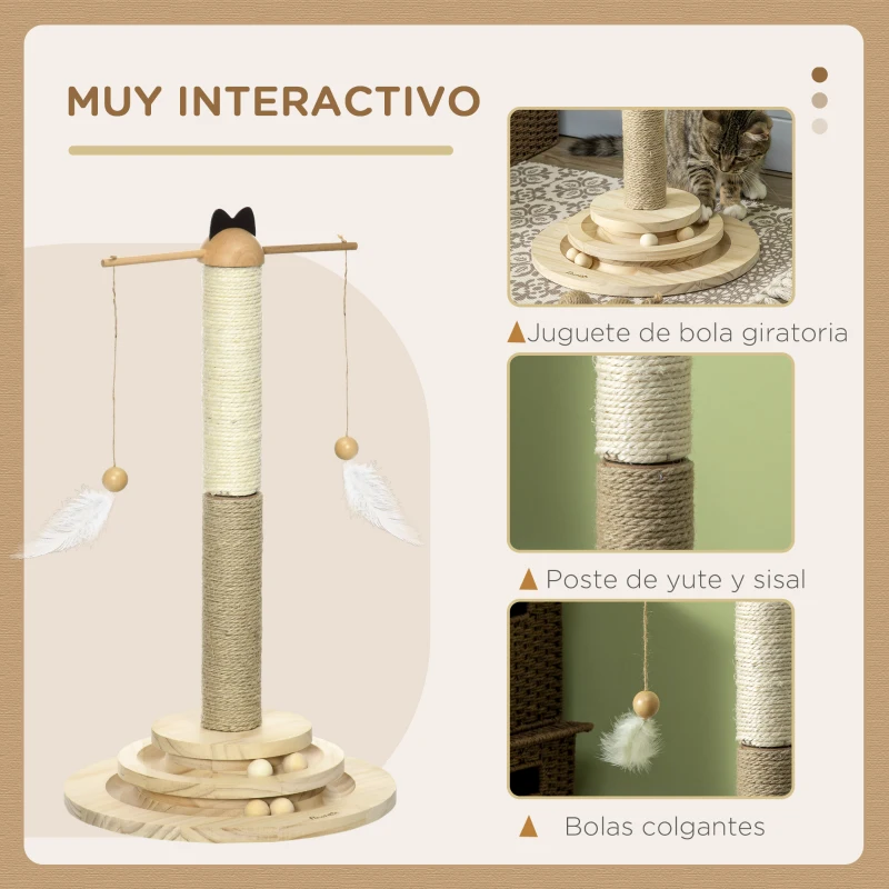 PawHut Árbol Rascador para Gatos de Madera con Poste de Yute y Sisal y Juego de Bolas para Jugar Ø32x56 cm Natural