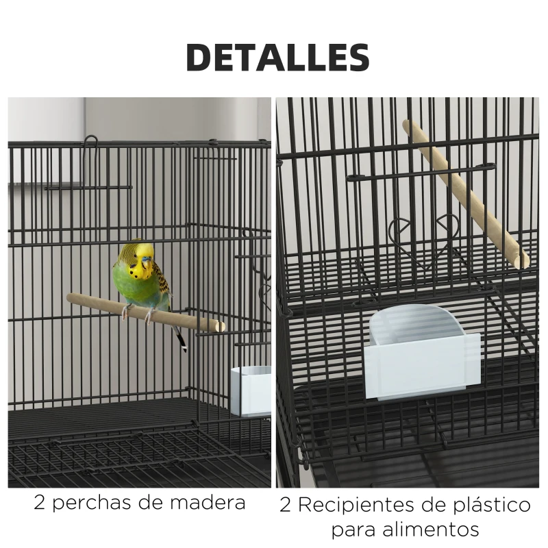 PawHut Jaula para Pájaros con Ruedas 77x46x119 cm Jaula Metálica para Aves con Bandeja Extraíble 2 Perchas 2 Comederos Negro