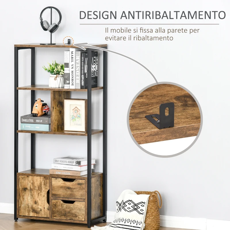 HOMCOM Mobile Libreria con 3 Ripiani, Armadietto e 2 Cassetti, in Truciolato e Metallo, 58x24x122 cm