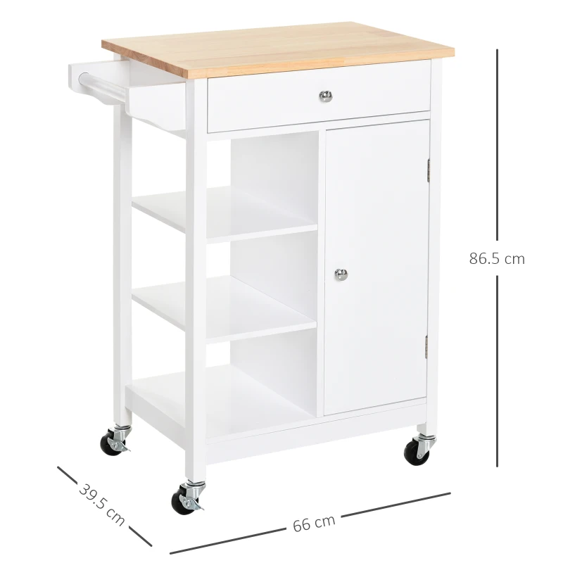HOMCOM Carrello da Cucina Salvaspazio in MDF con Piano di Lavoro in Legno di Gomma, Cassetto, Armadietto, 3 Mensole, Ripiani Regolabili, Porta Strofinacci e Ruote Girevole, 66x39.5x86.5cm, Bianco