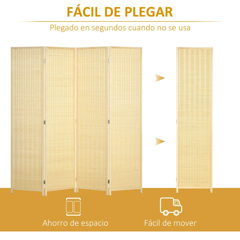 HOMCOM Biombo de 4 Paneles Plegable 180x180 cm Separador de Ambientes Tejido a Mano de Bambú Decoración para Salón Natural