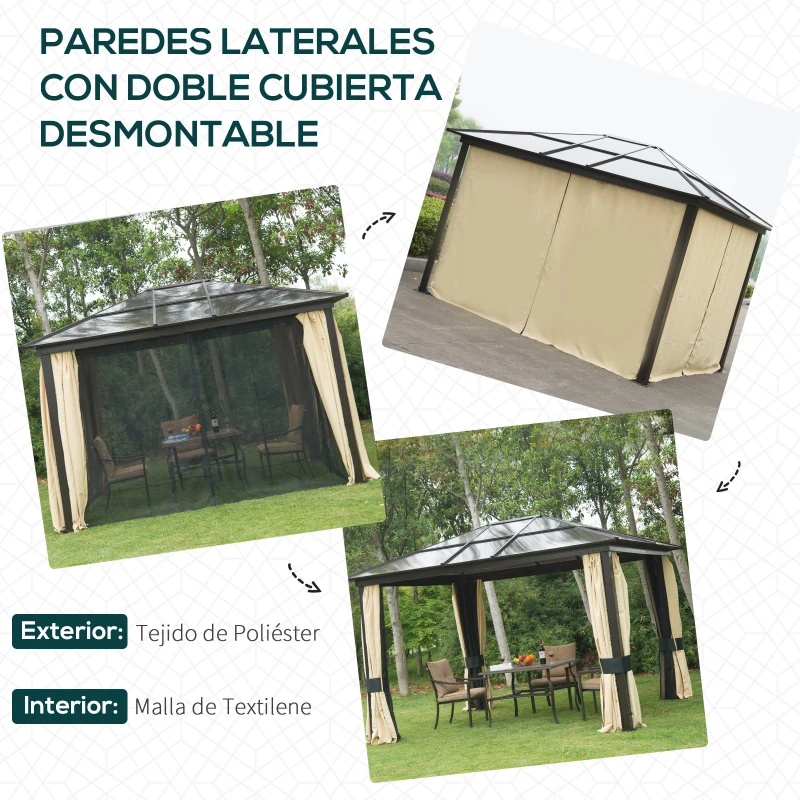Outsunny Cenador para Jardín 3x3,6 m con Marco de Alumnio Pabellón para Exterior con Techo de Policarbonato Anti-UV Gazebo para Fiestas Eventos Beige
